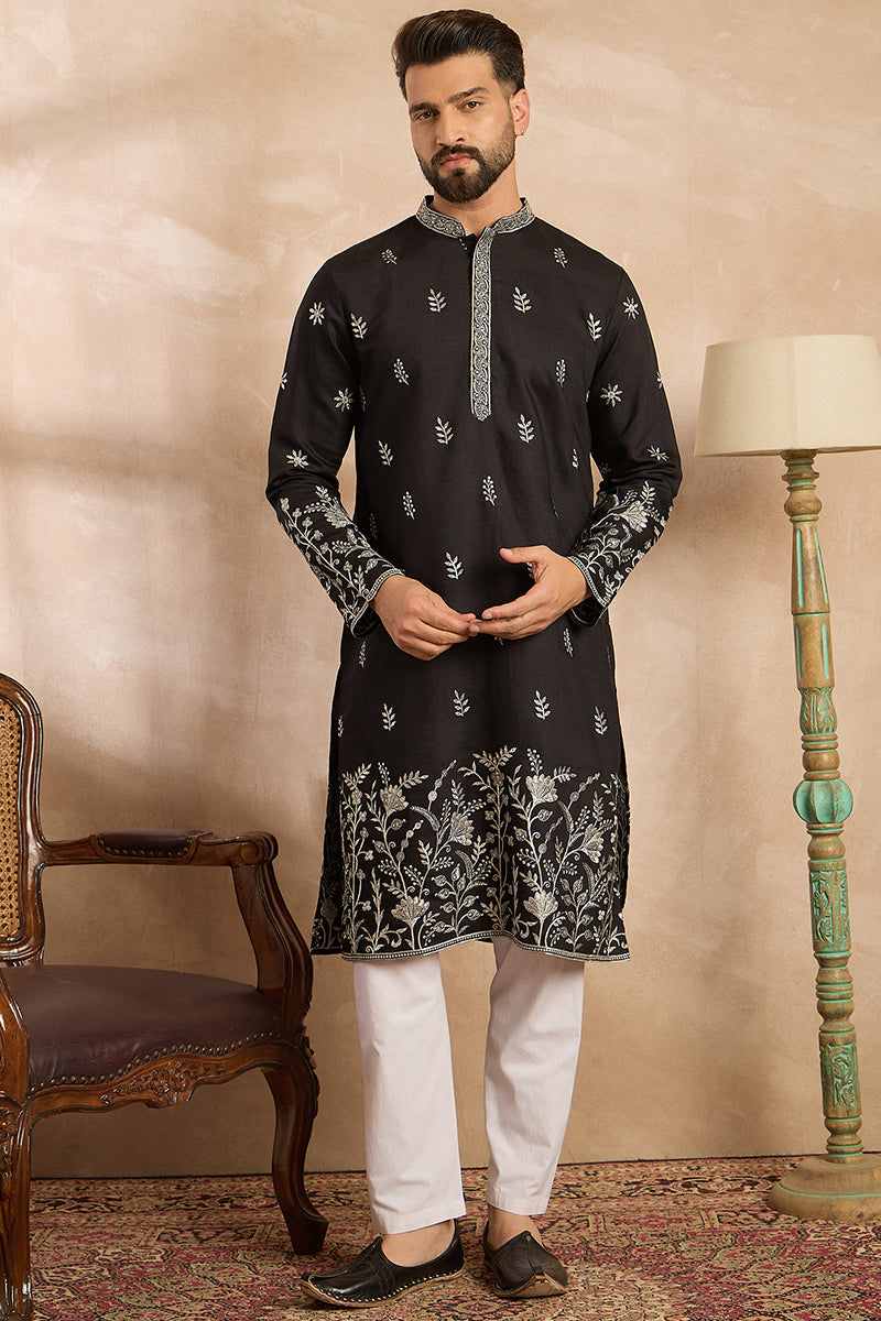 Black Silk Blend Solid Embroidered Straight Kurta With Trouser