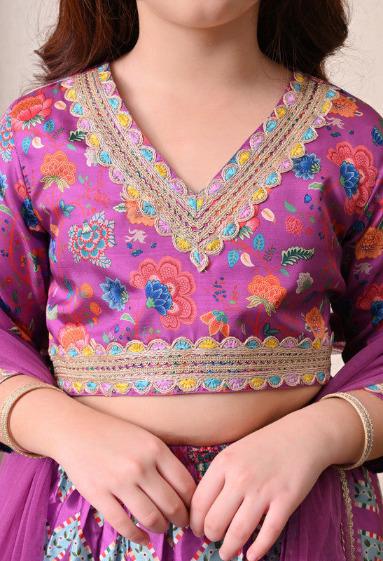 Indi Loom Couture Girls Purple Printed Lehenga Choli with Dupatta ILLCD31