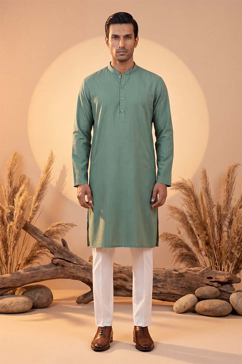Mens Green Silk Blend Solid Solid Kurta