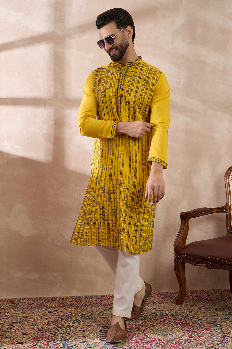 Yellow Silk Blend Embroidered Mandarin Collar Straight Kurta With Trouser