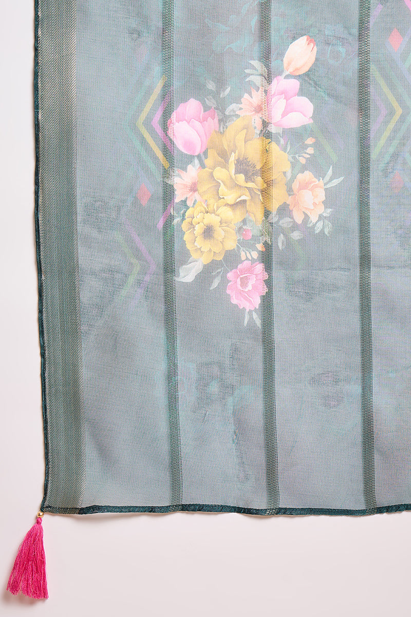 green silk blend solid embroidered straight kurta trouser with dupatta