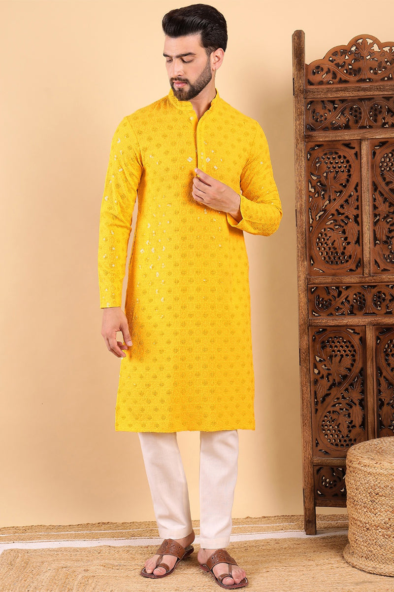 yellow viscose rayon solid embroidered straight kurta for men