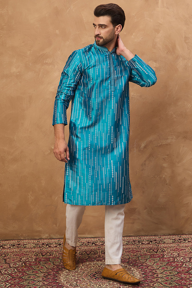 blue silk blend geometric printed straight kurta