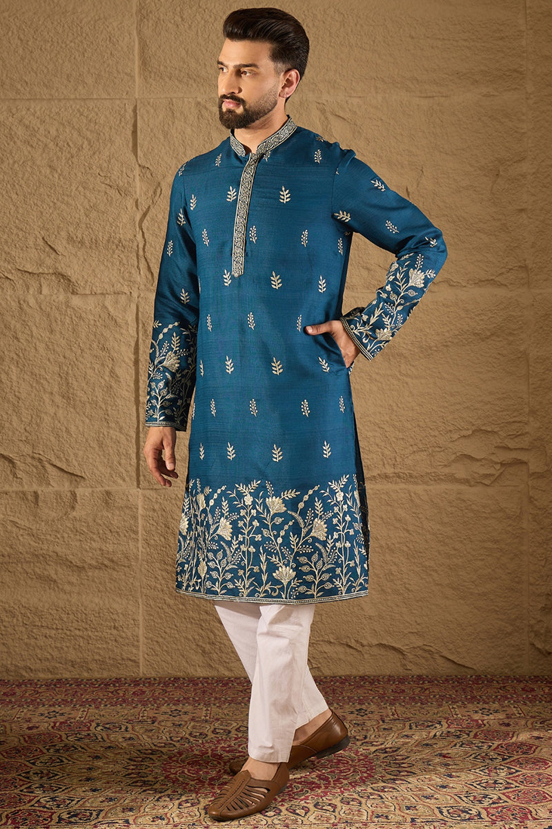 blue chanderi silk solid embroidered straight kurta with trouser