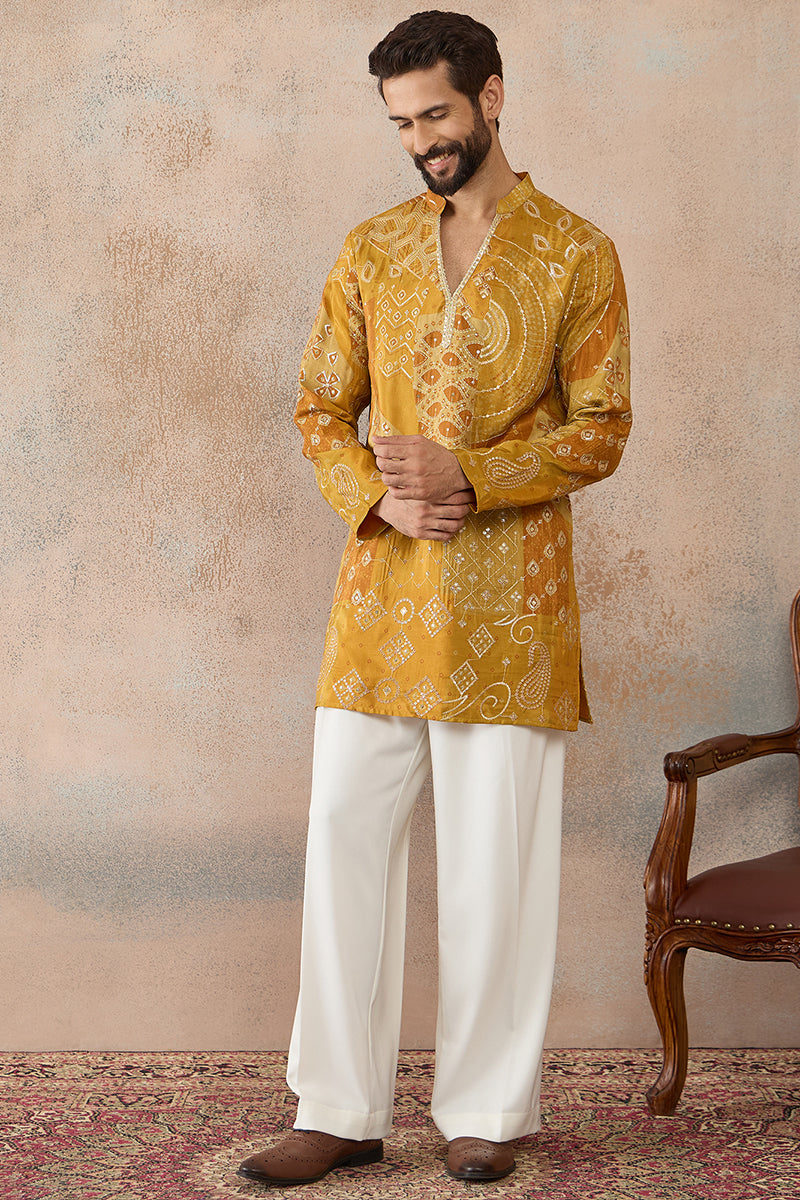 Mens Mustard Silk Blend Ethnic Motifs Embroidered Kurta