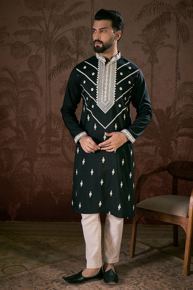Black Silk Blend Solid Embroidered Straight Kurta With Trouser