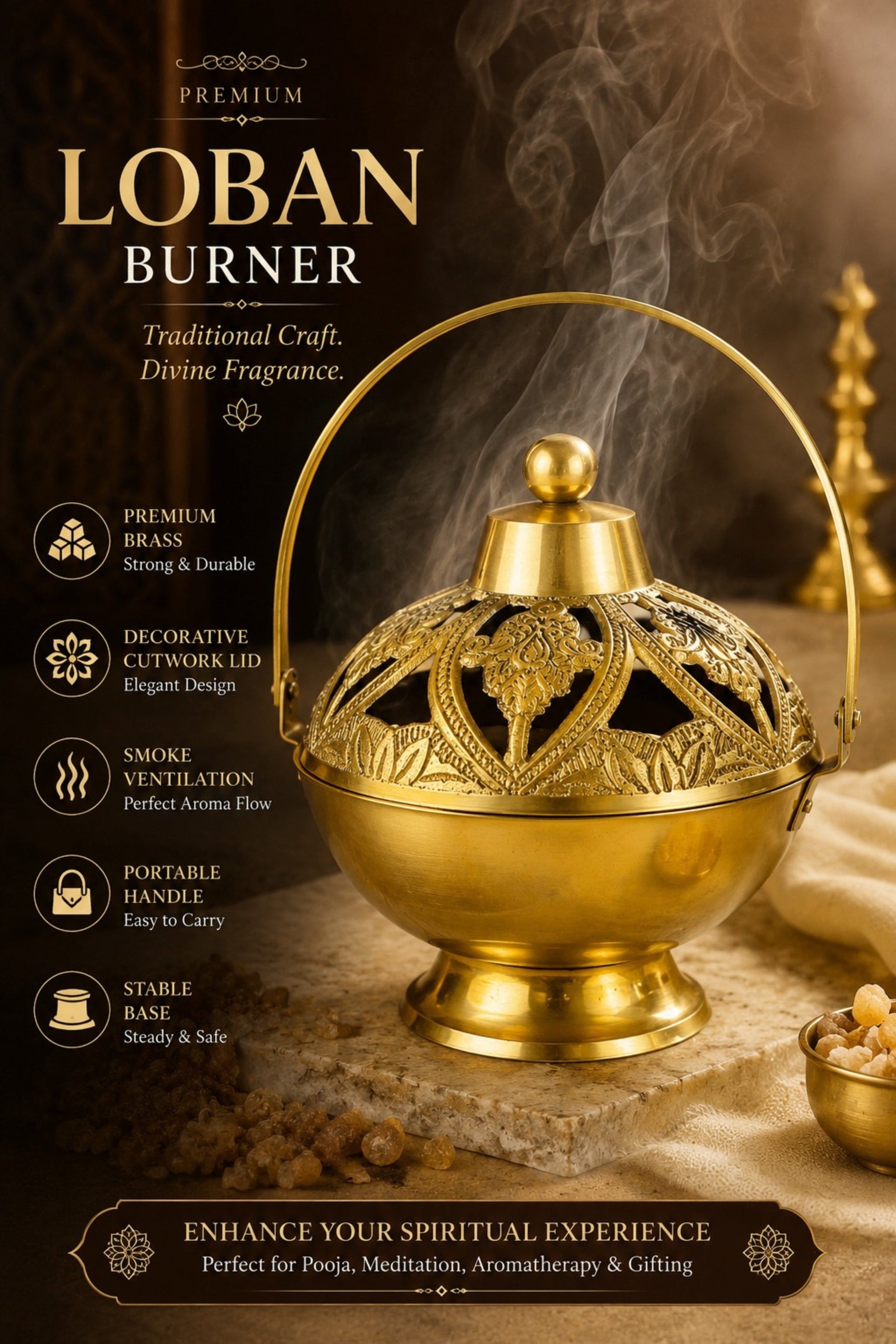 premium brass metal incense burner with handle handcrafted dhoop dani for sambrani loban dhoop cups resin incense decorative smoke diffuser for home temple pooja room