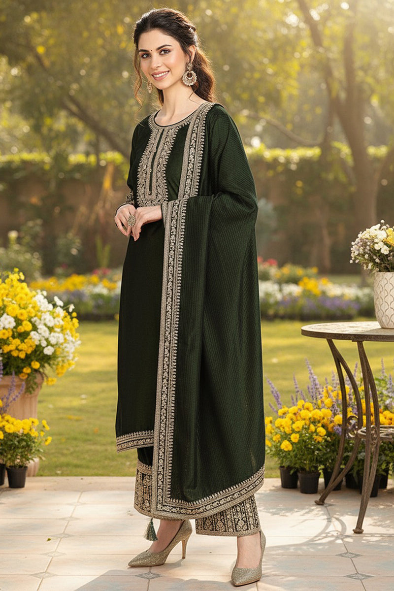 navy blue silk blend solid embroidered straight style suit set pkskd2263