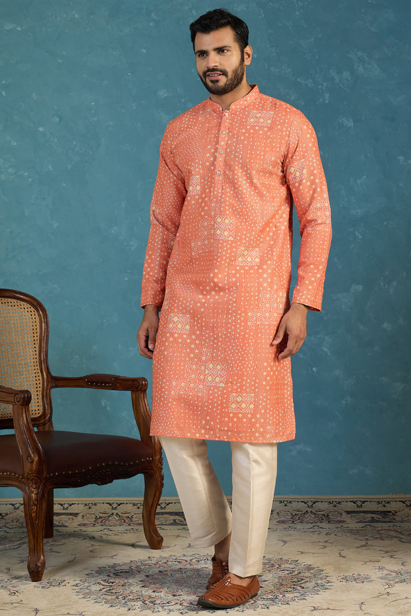 Mens Orange Linen Blend Bandhani Printed Kurta With Trouser