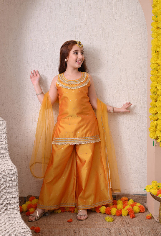 Indi Loom Couture Girls Mustard Embellished Kurta with Sharara & Dupatta Set ILKSD52