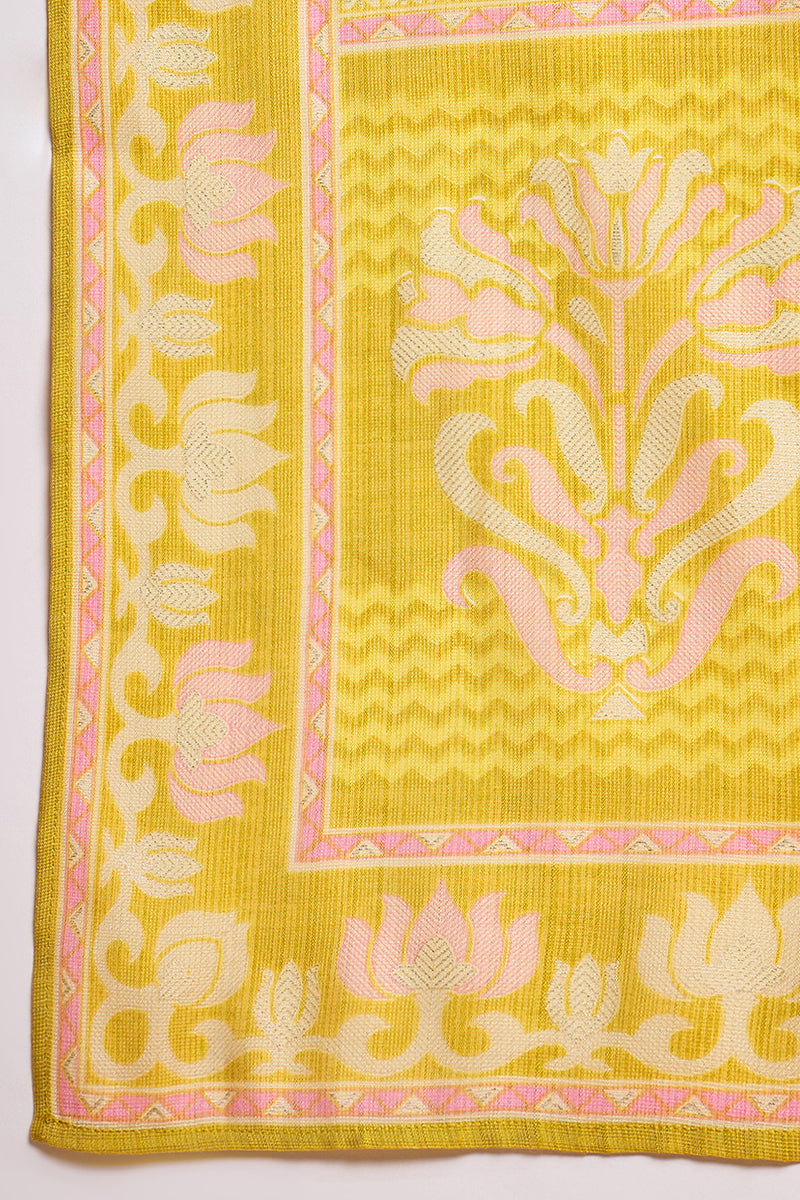 yellow floral printed straight kurta trouser with dupatta 