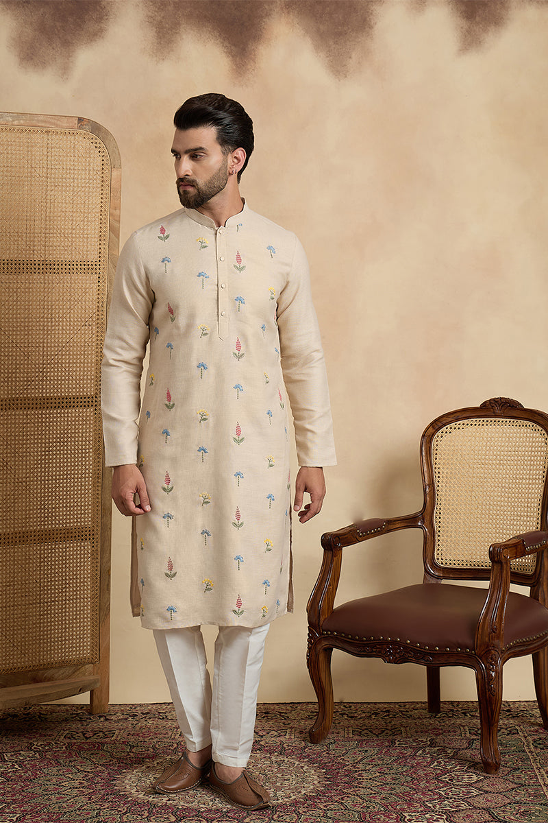 Mens Beige Linen Solid Embroidered Thread Work Kurta