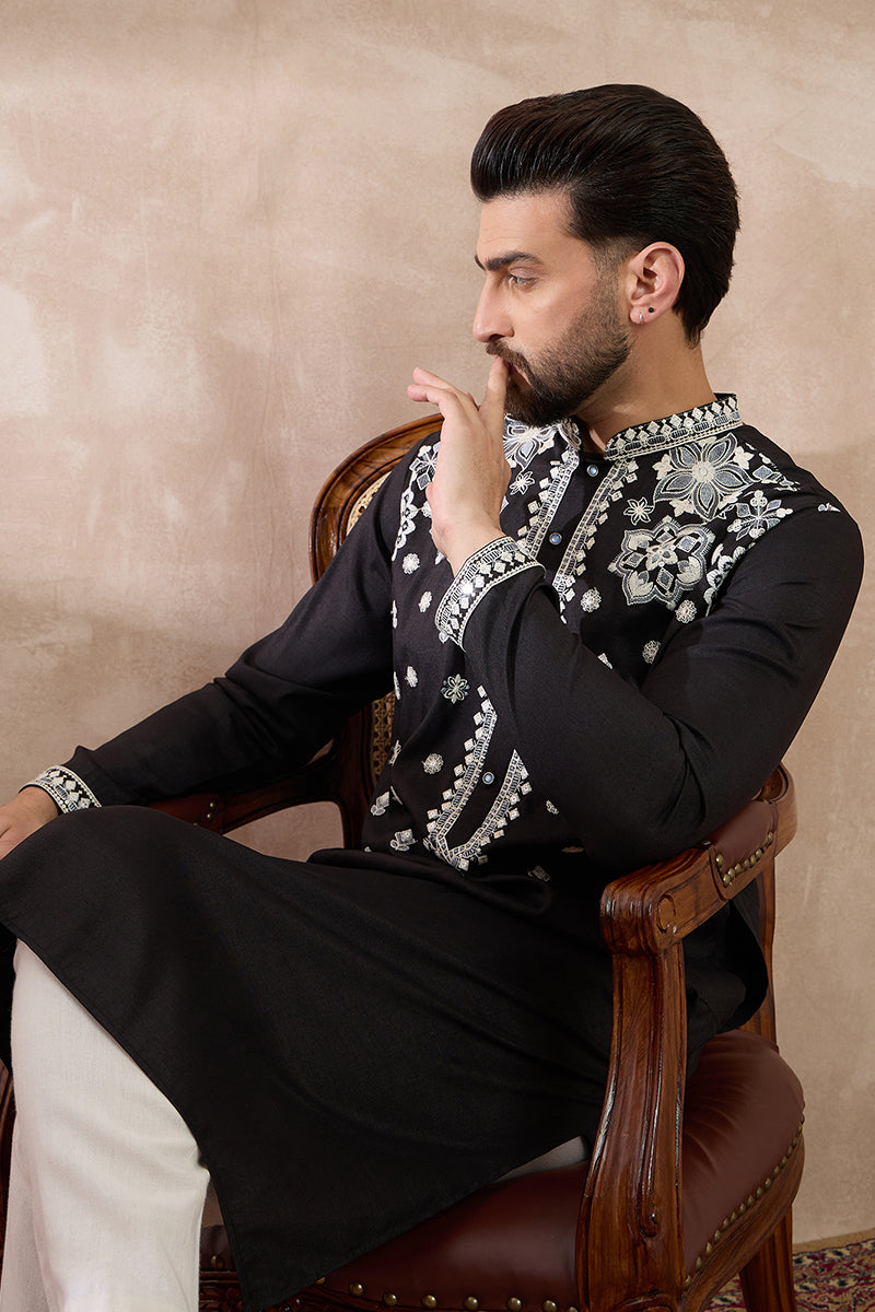Black Silk Blend Embroidered Mandarin Collar Straight Kurta