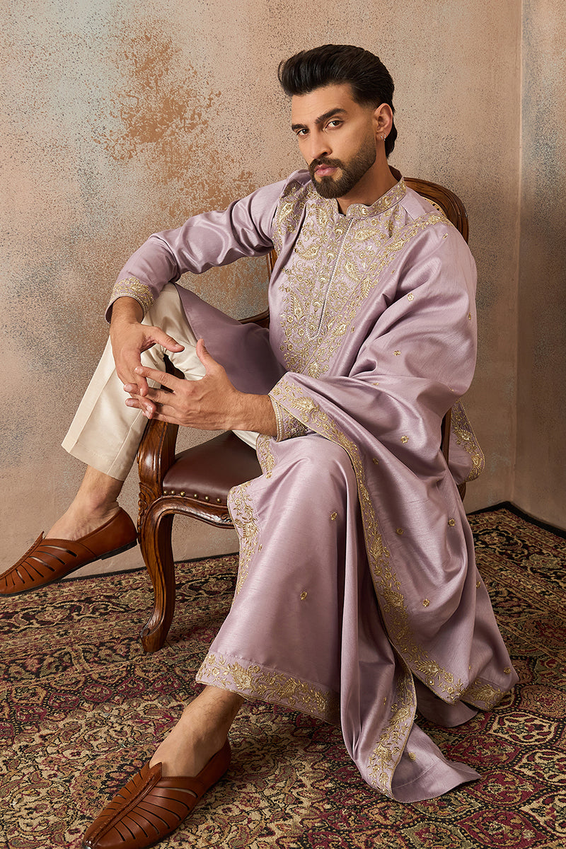 Men Lavender Zari Embroidered Silk Blend Kurta with Dupatta