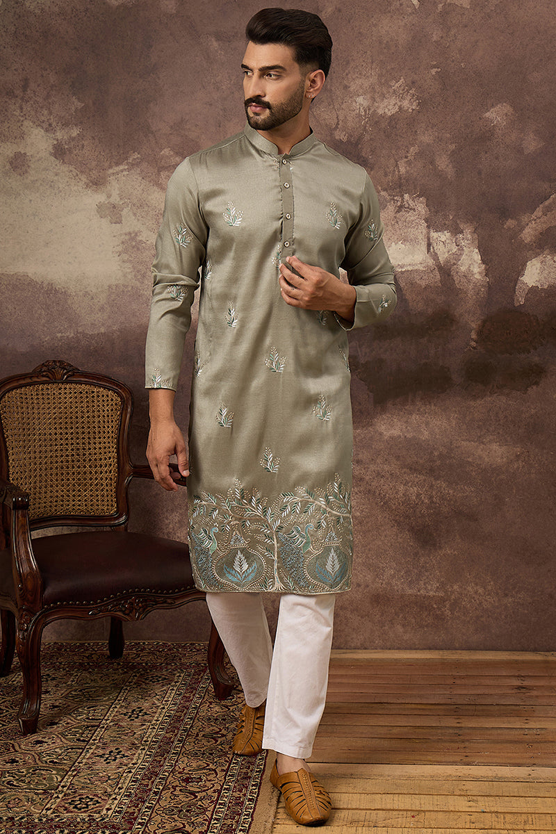 green silk blend solid embroidered straight kurta with trouser