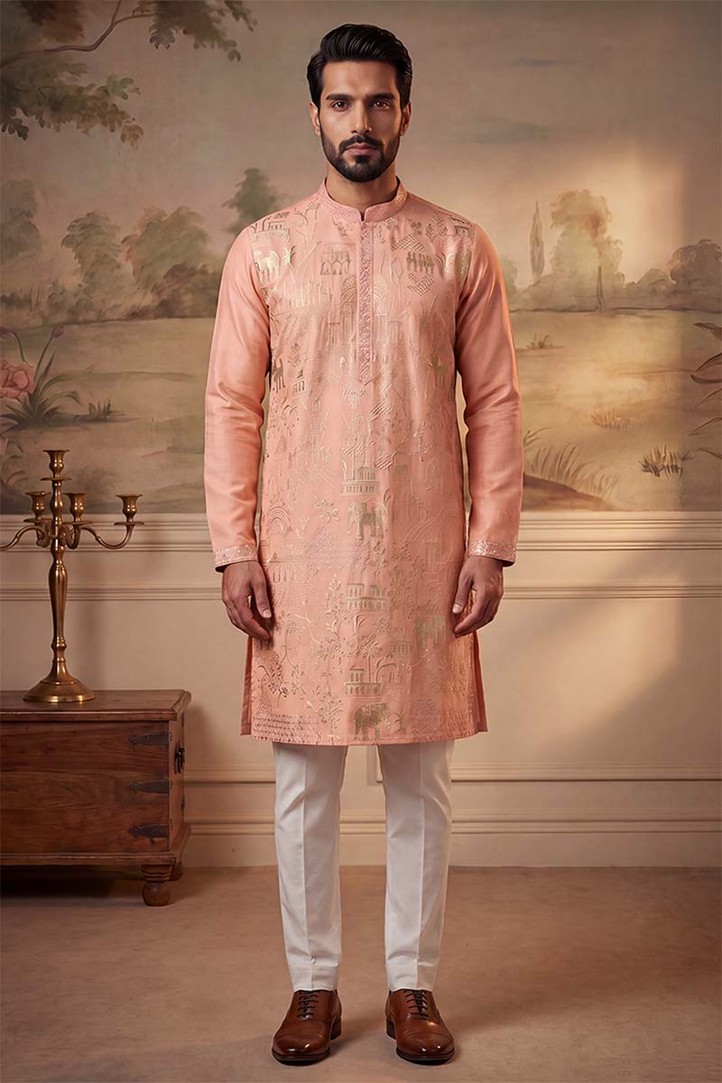ethnic-bay-mens-peach-viscose-rayon-solid-embroidered-kurta-with-trousers-mkset2092