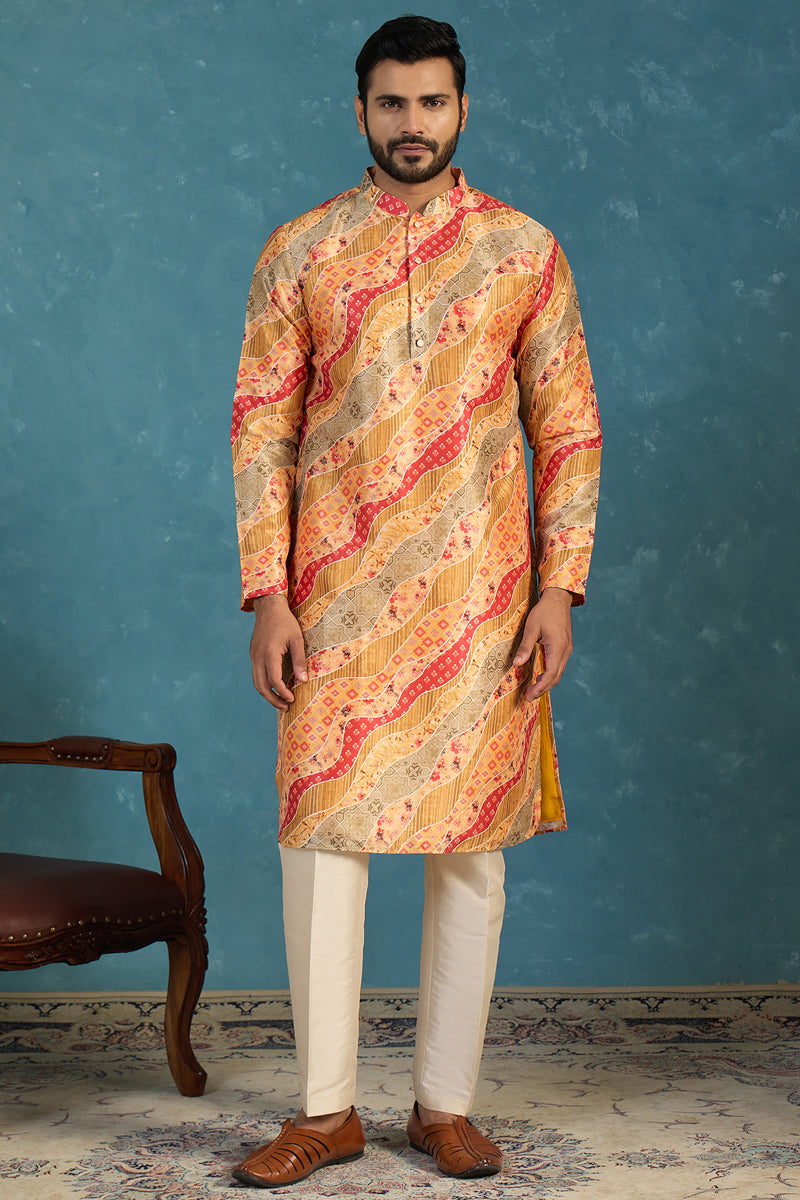 Yellow Silk Blend Printed Straight Kurta With Trousers