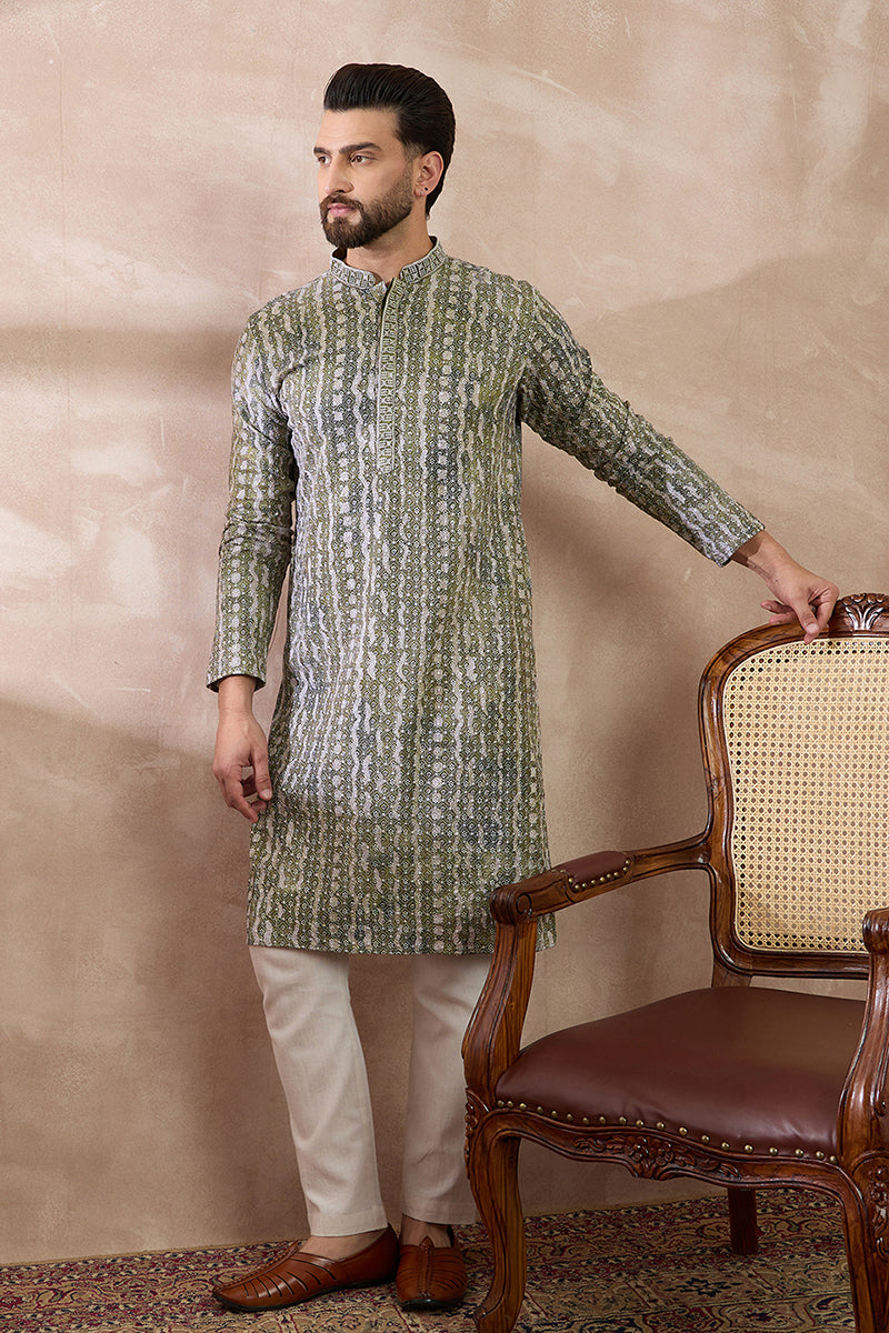 Green Silk Blend Printed Mandarin Collar Straight Kurta