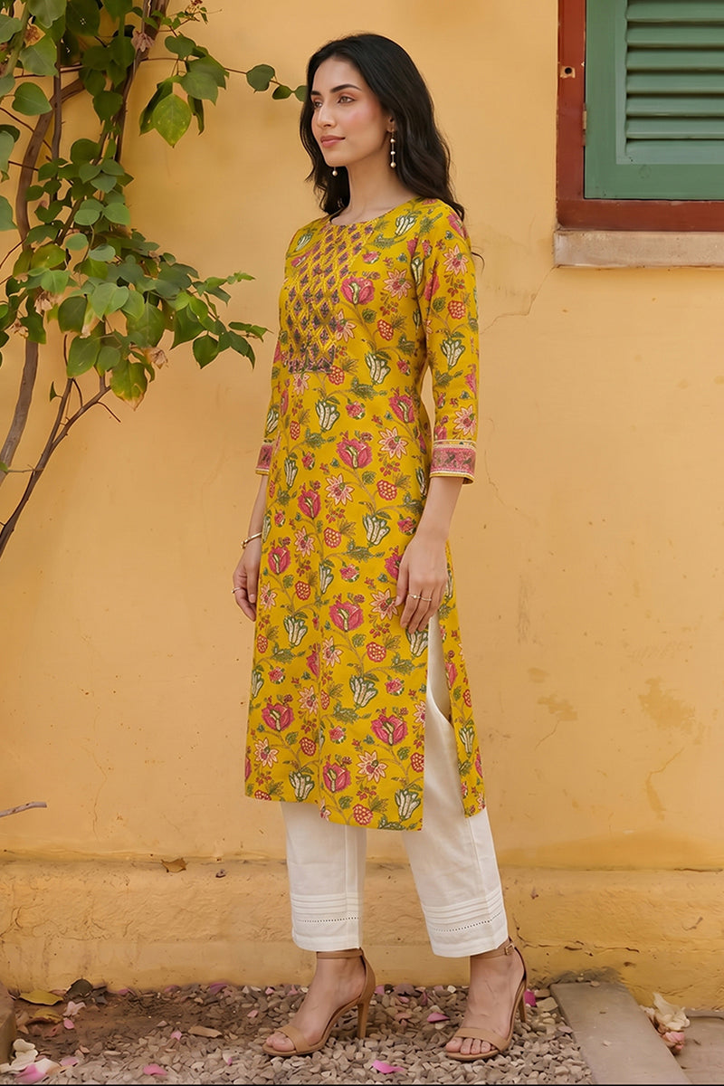 rayon yellow floral digital printed regular kurta vck9820