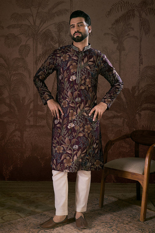 Purple Silk Blend Floral Printed Straight Kurta With Trouser