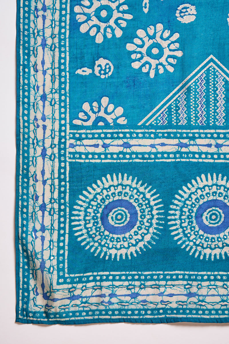 blue cotton blend abstract printed straight kurta trouser with dupatta vkskd3212