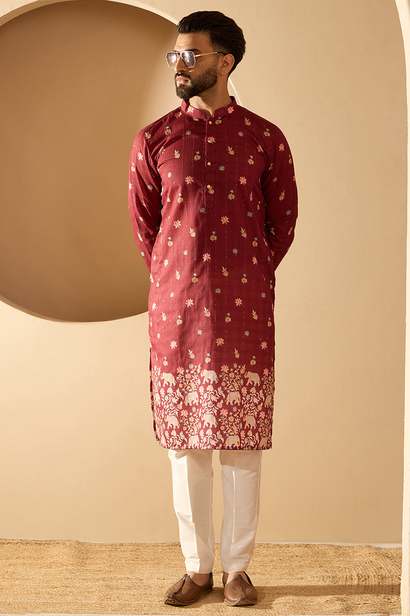 ethnic-bay-mens-maroon-silk-blend-woven-design-calf-length-straight-regular-kurta-with-trouser-mkset2368