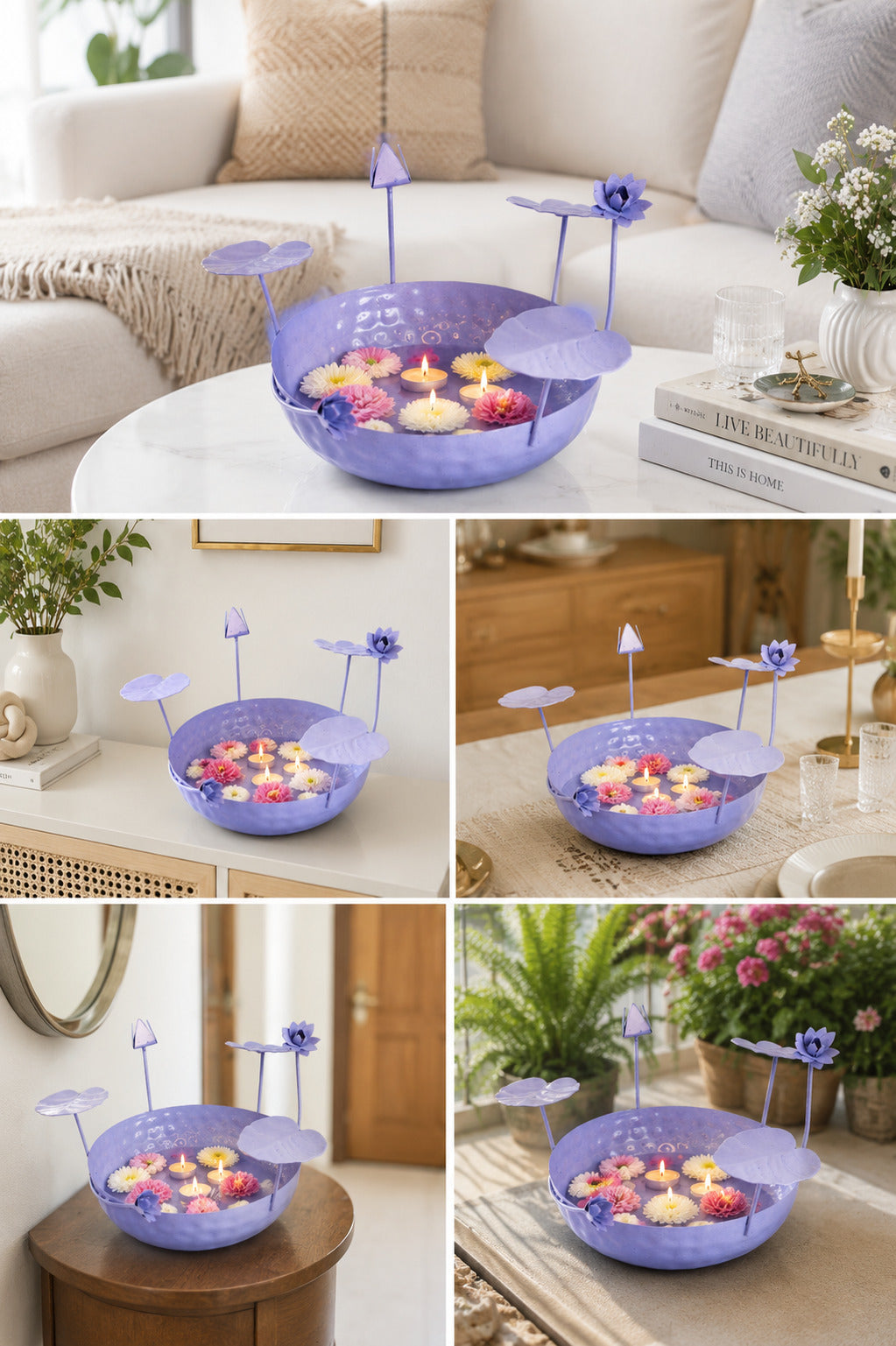 galvanized metal urli bowl for floating flowers candles decorative urli with lotus stems for home festival decor pink copy