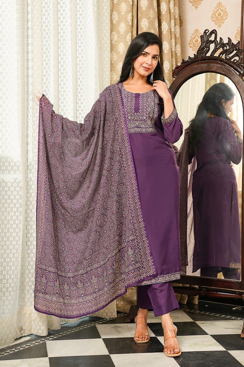 purple rayon blend ajrakh printed straight kurta trousers with dupatta 