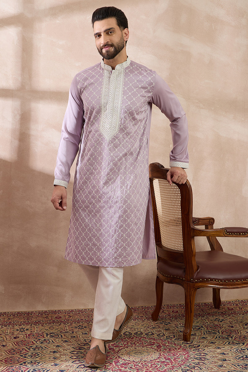 Lavender Silk Blend Embroidered Mandarin Collar Straight Kurta
