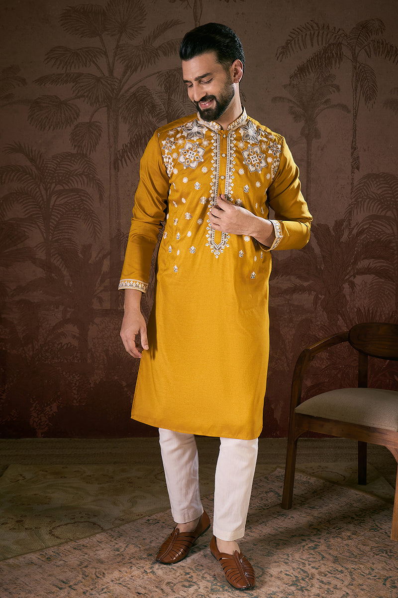 Mustard Silk Blend Solid Embroidered Straight Kurta With Trouser