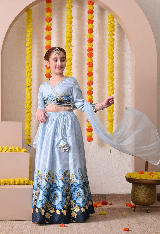 Indi Loom Couture Girls Sky Blue Floral Printed Lehenga Choli with Net Dupatta ILLCD36