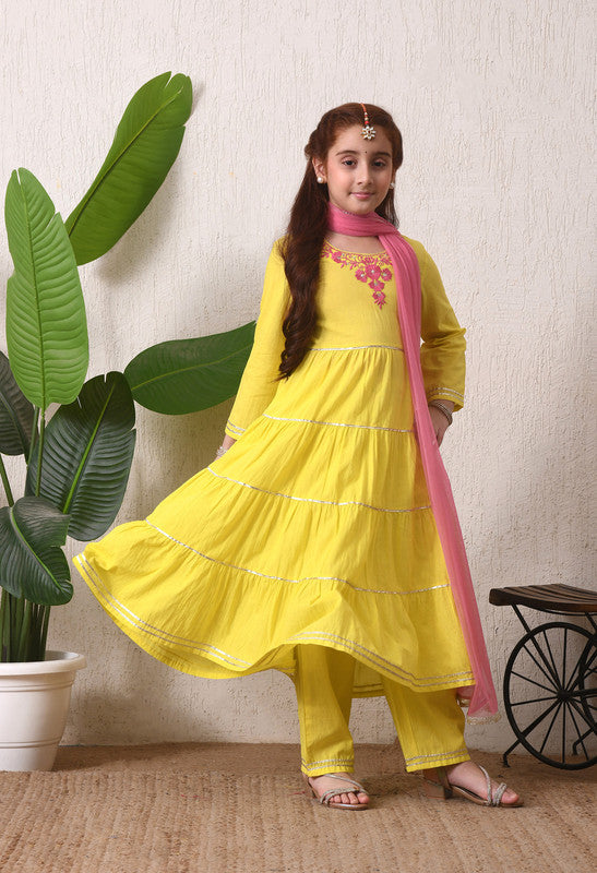 Indi Loom Couture Girls Lime Green Embroidered Tiered Kurta with Pants & Dupatta Set ILKSD74
