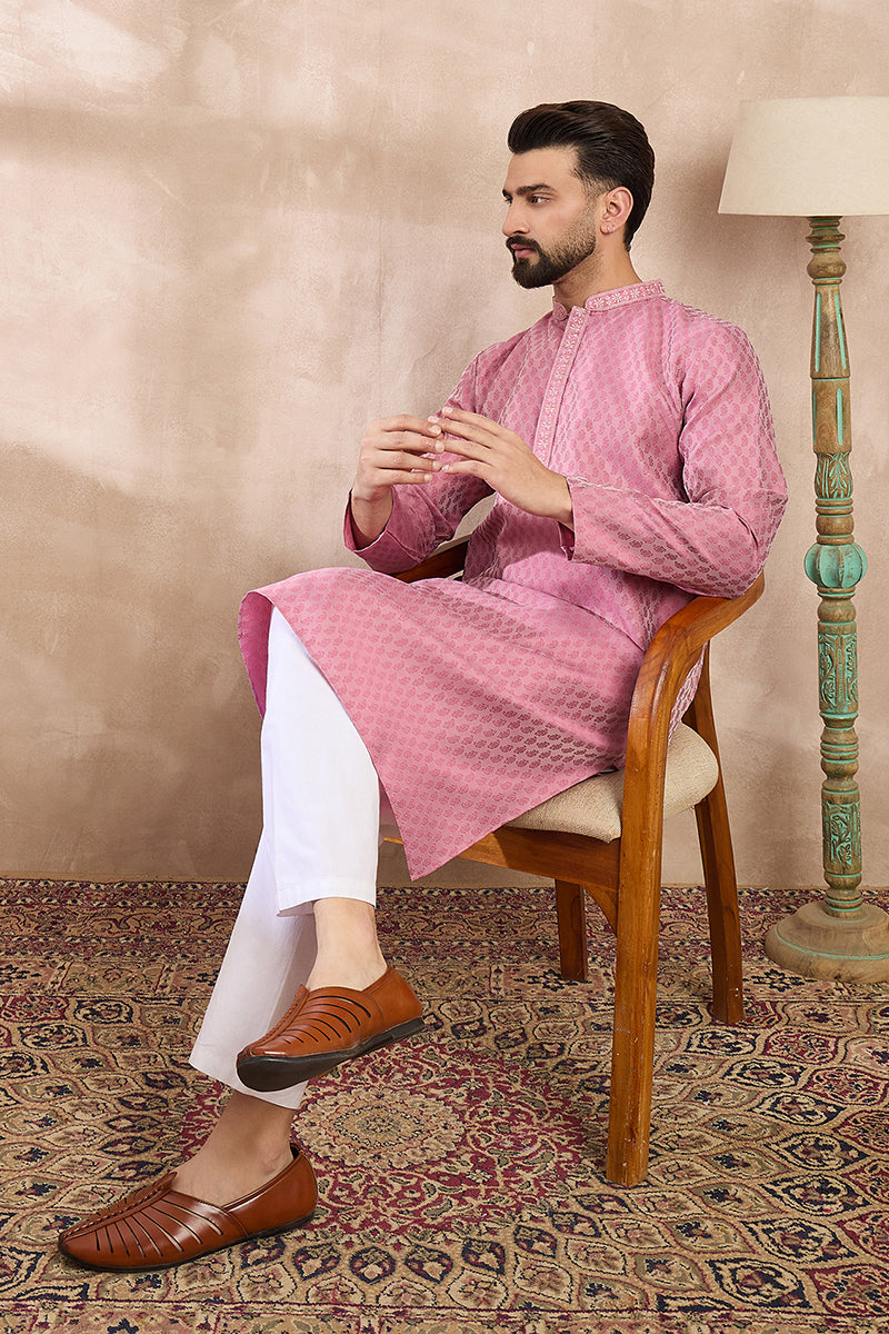 Pink Silk Blend Solid Woven Design Straight Kurta With Trouser