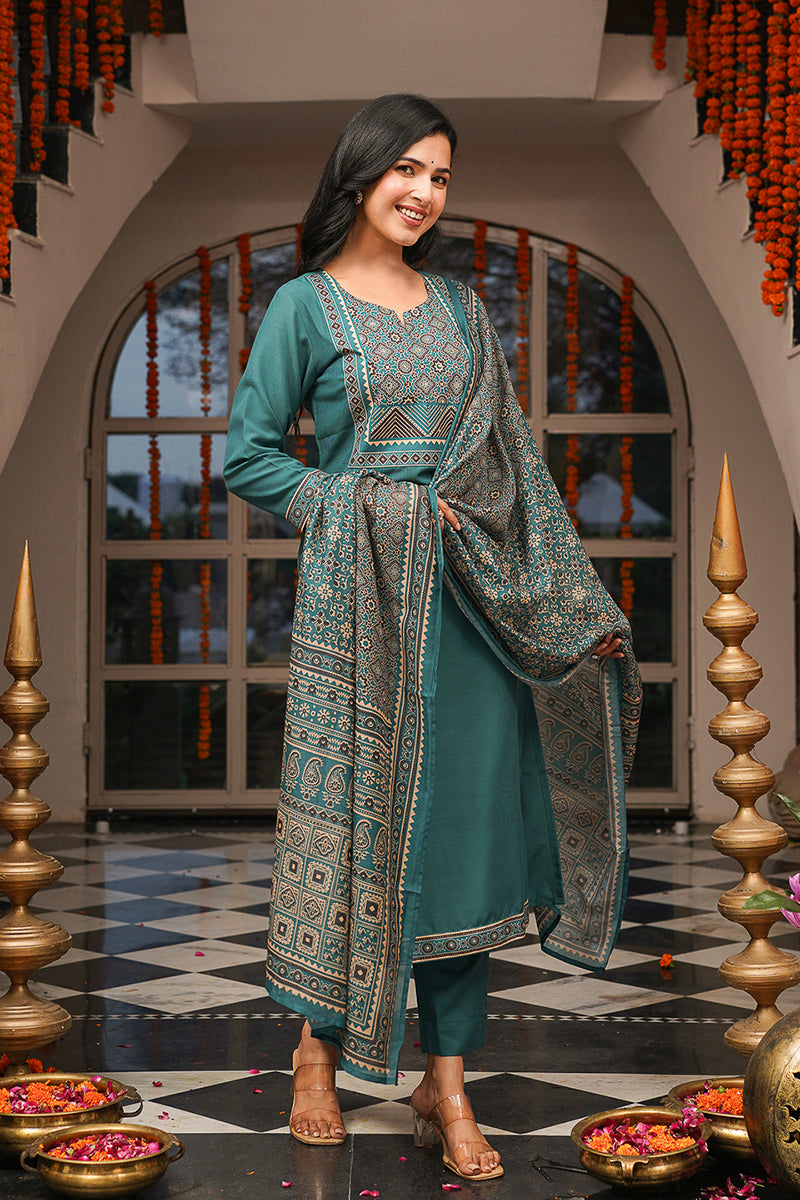 teal rayon blend ajrakh printed straight kurta trousers with dupatta pkskd3082
