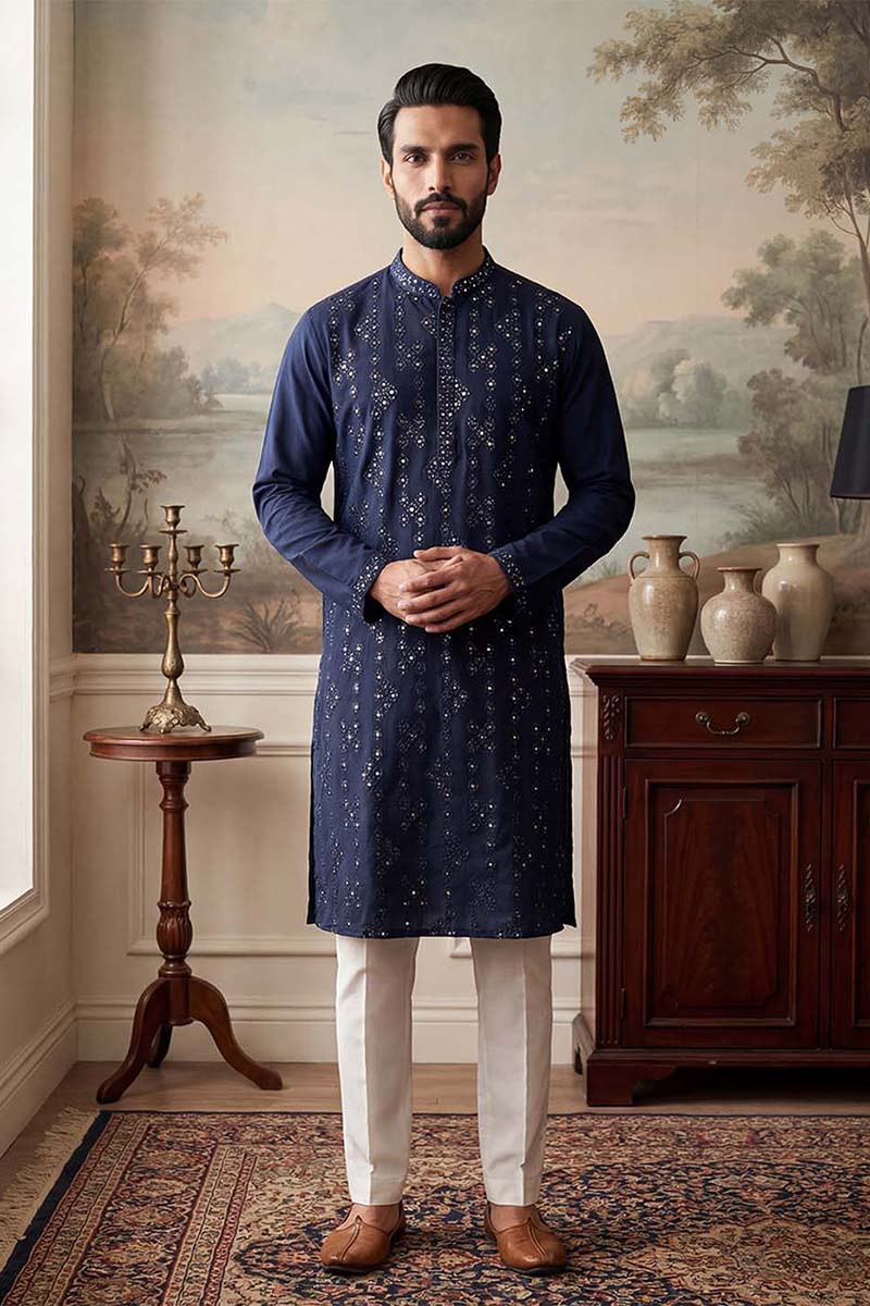 Mens Blue Silk Blend Solid Embroidered Kurta With Trousers