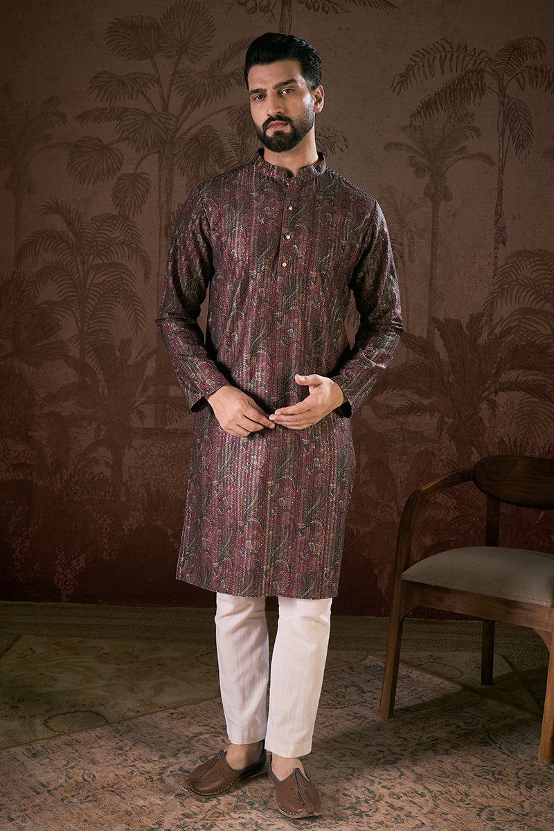 Purple Silk Blend Ethnic Motifs Printed Straight Kurta