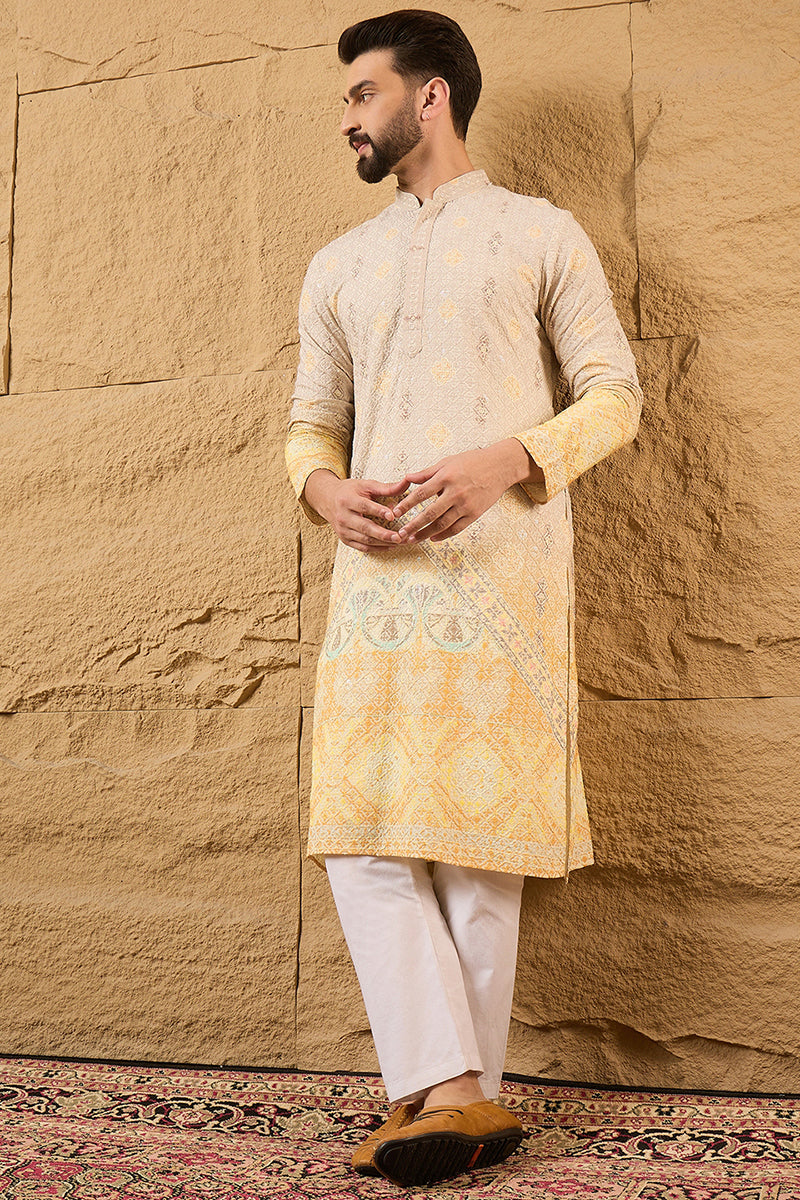 Yellow Viscose Rayon Ethnic Motifs Embroidered Straight Kurta with Trouser