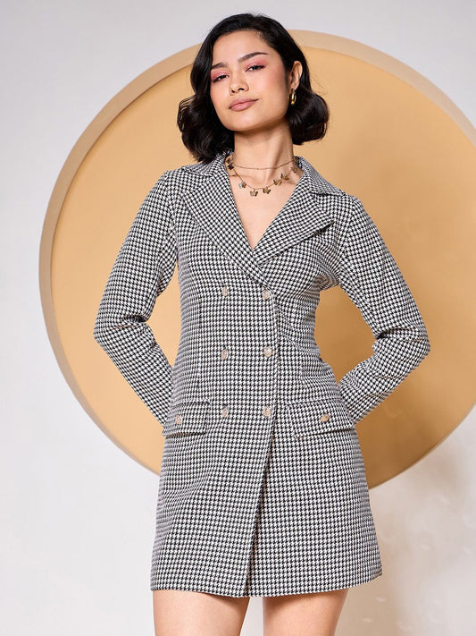 Zummer Black & White Houndstooth Double Breasted Blazer Dress