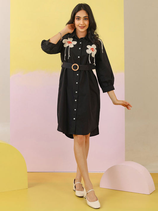 Zummer Black Floral Applique Shirt Dress