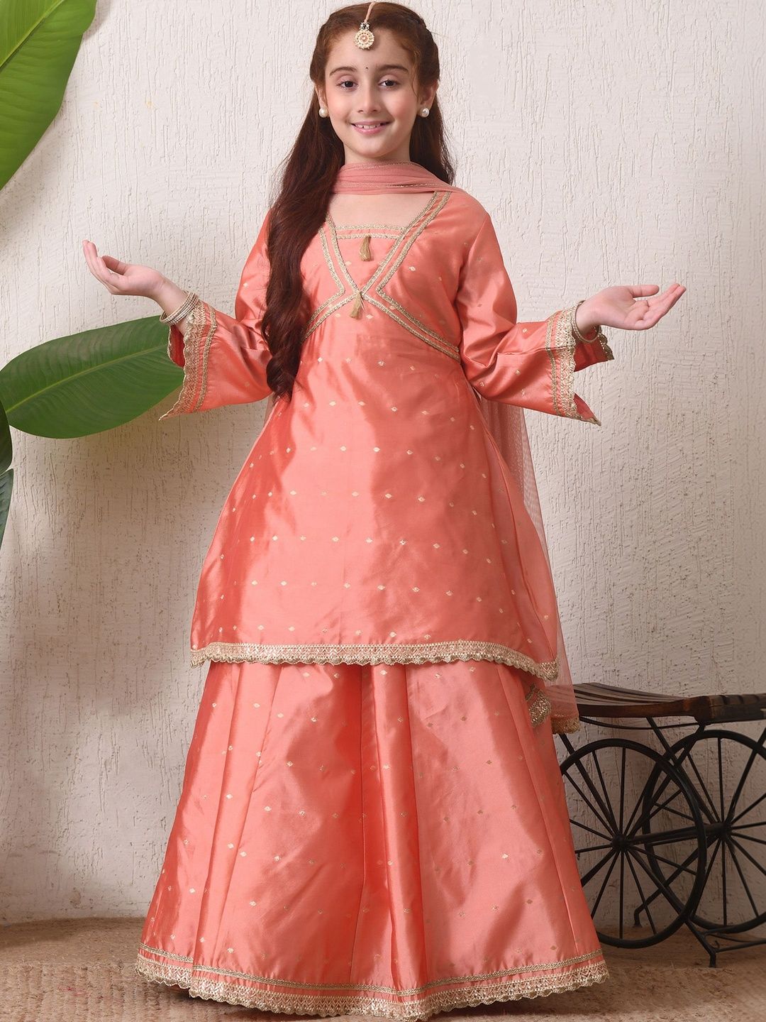 Indi Loom Couture Girls Peach Booti Kurta with Skirt & Dupatta Set ILLCD43
