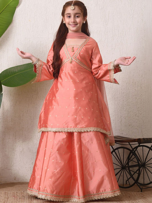 Indi Loom Couture Girls Peach Booti Kurta with Skirt & Dupatta Set ILLCD43