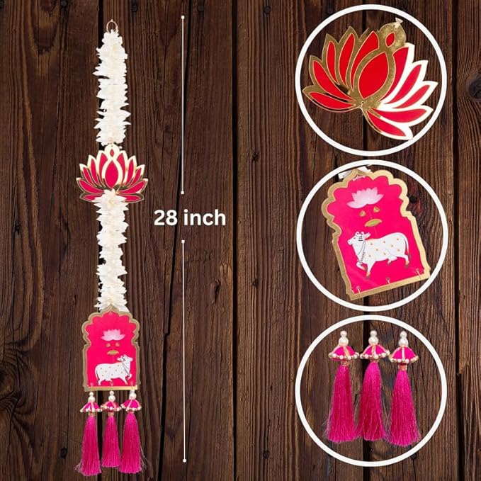 Pink Side Hangings for Entrance Door, Artificial Flower Toran for Home Decoration with Pichwai Cow 2Pcs