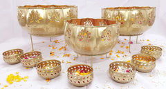 Handicrafts Iron Lotus Urli with Stand Pot for Floating Flower/Candle Festive Decor Set of 13 Piece / 7 Votives Small Bowl 3.5 inch Each