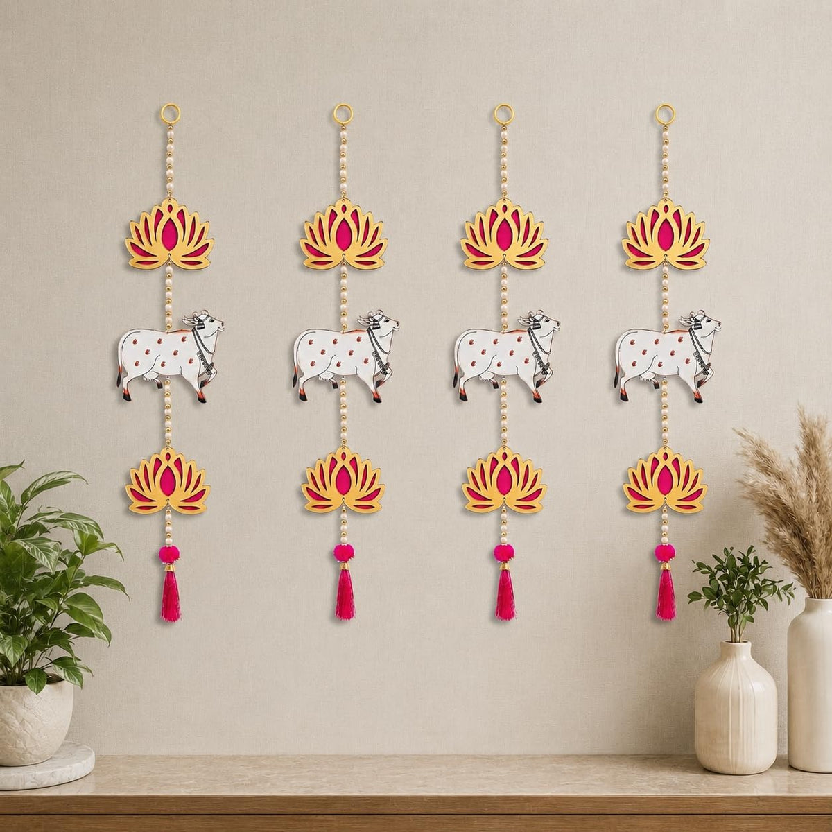 Pichwai Cow Bead Lotus Hanging, Engineered Wood, Pack of 4