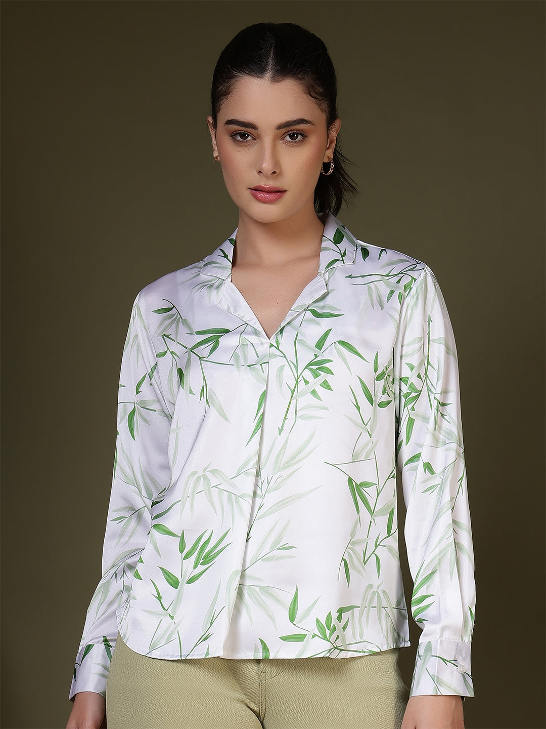 women regular fit solid mandarin collar formal top 1