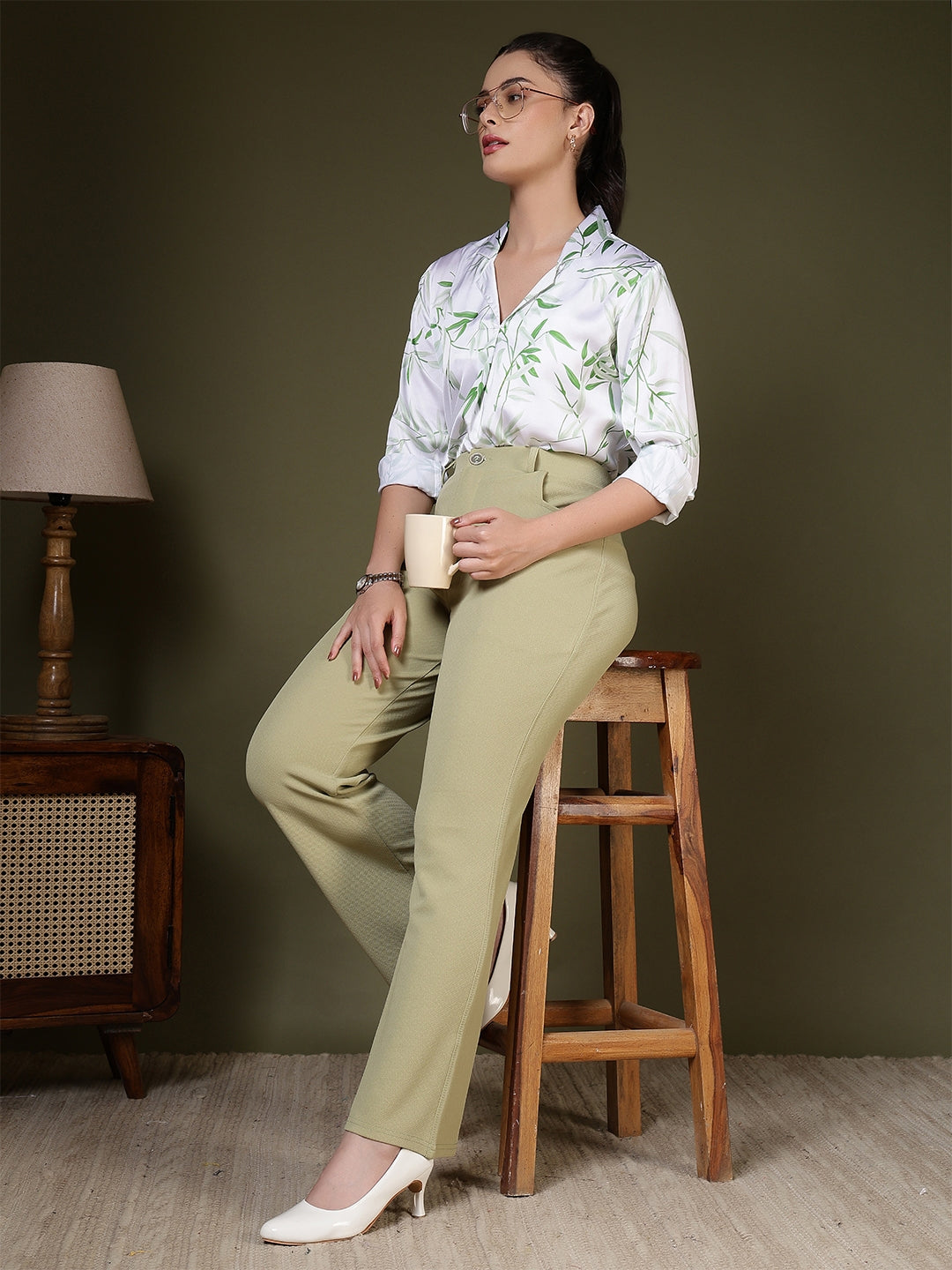 women regular fit solid mandarin collar formal top 1