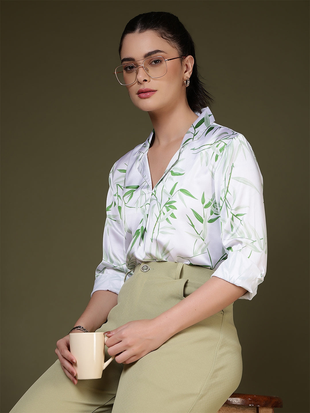 women regular fit solid mandarin collar formal top 1