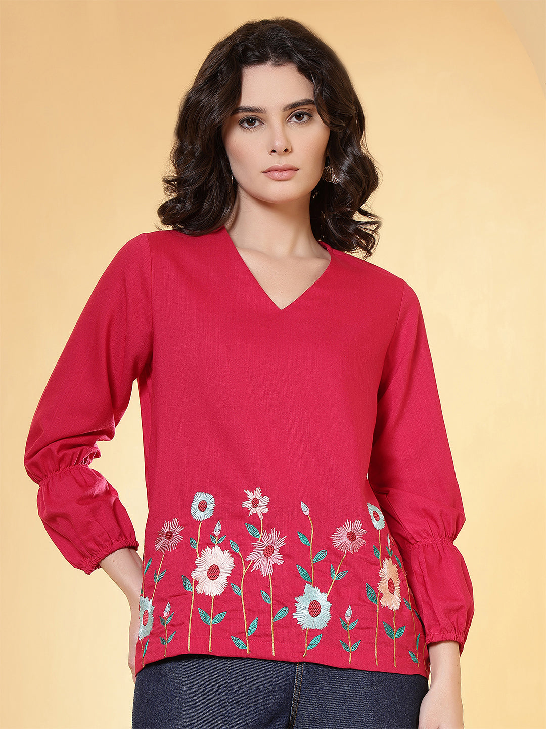 casual bishop sleeve embroidered women top