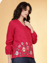 casual bishop sleeve embroidered women top