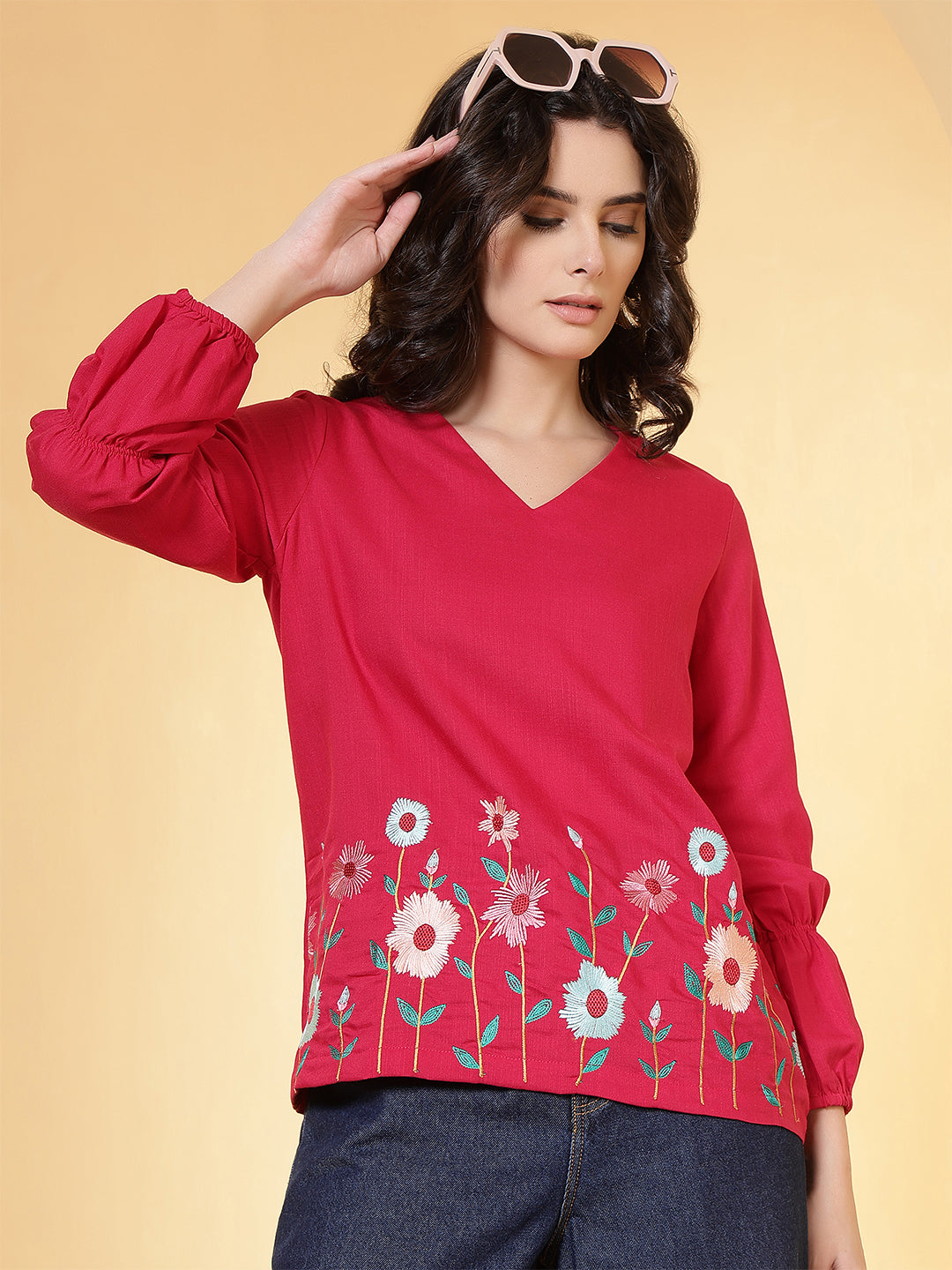 casual bishop sleeve embroidered women top